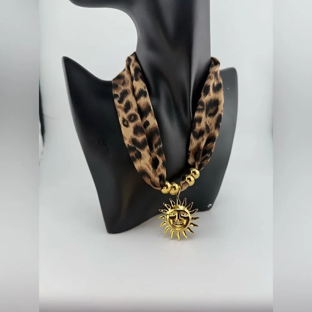 Leopard Print Scarf Necklace with Gold Sun Pendant – Bold, Glamorous & Unique - Picture 13 of 13